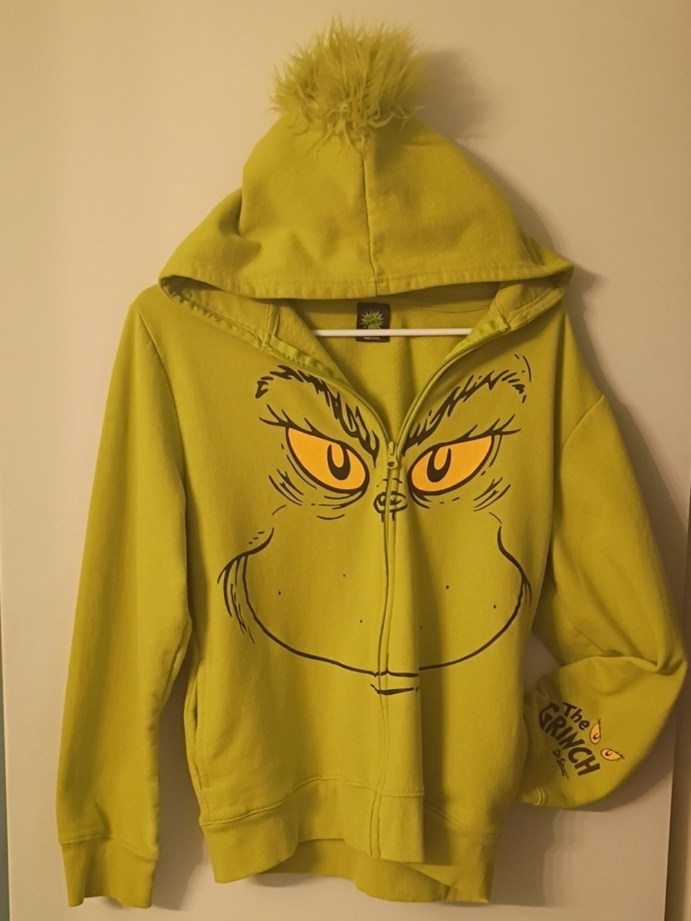 Dr. Seuss Lime Green Grinch Zip-Up Hoodie with Pom-Pom Hood. Size XL -14/16